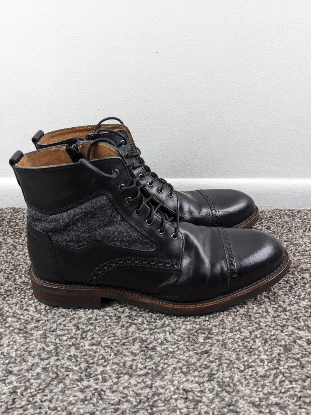 Johnston & Murphy Mens Size 13 M Fullerton Cap Toe Black Leather Boots Zip Wool